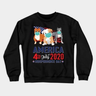 Pitbull Dogs With US Flag And Face Masks Happy America 4th July Of 2020 Independence Day Crewneck Sweatshirt